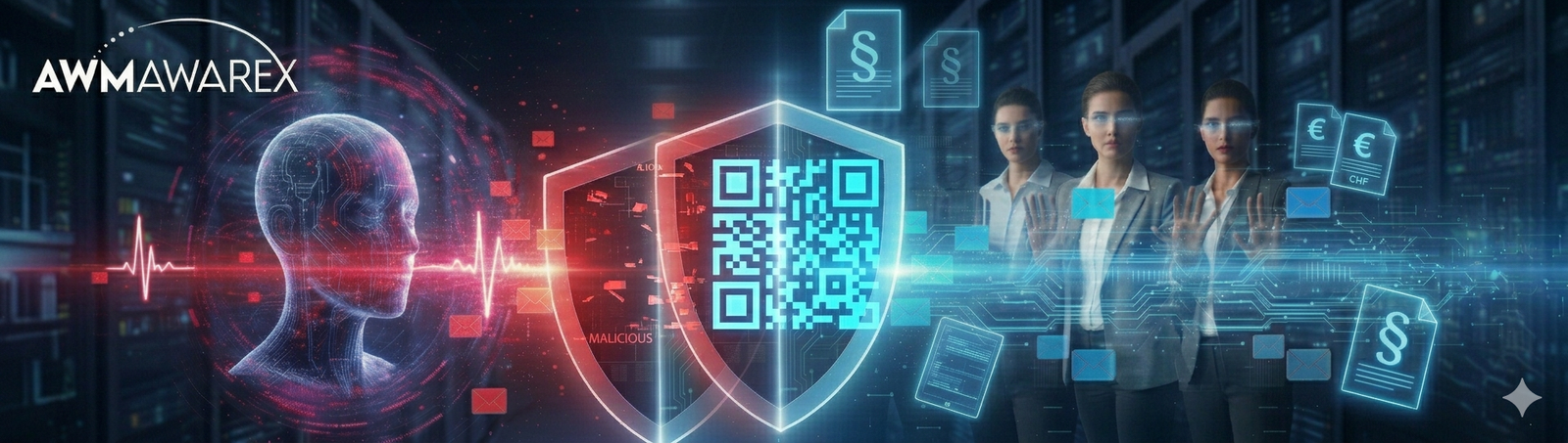 Ein digitaler Schutzschild von AWM AwareX analysiert einen leuchtenden QR-Code, der aus einer E-Mail schwebt, um Phishing zu verhindern.