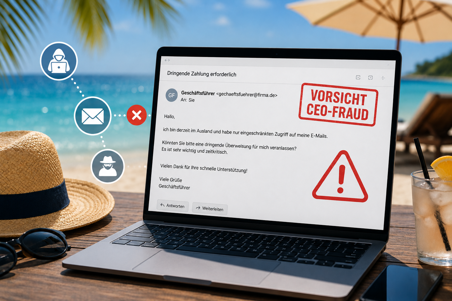 Ein digitaler Schutzschild von AWM AwareX blockiert eine gefälschte E-Mail-Identität (CEO-Fraud) in einer sommerlichen Büroumgebung