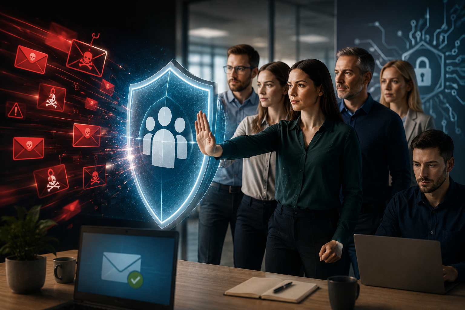 Das Team von AWM AwareX interagiert mit einem leuchtenden Sicherheitsnetz, das die Verschmelzung von Technik und Menschlicher Firewall symbolisiert