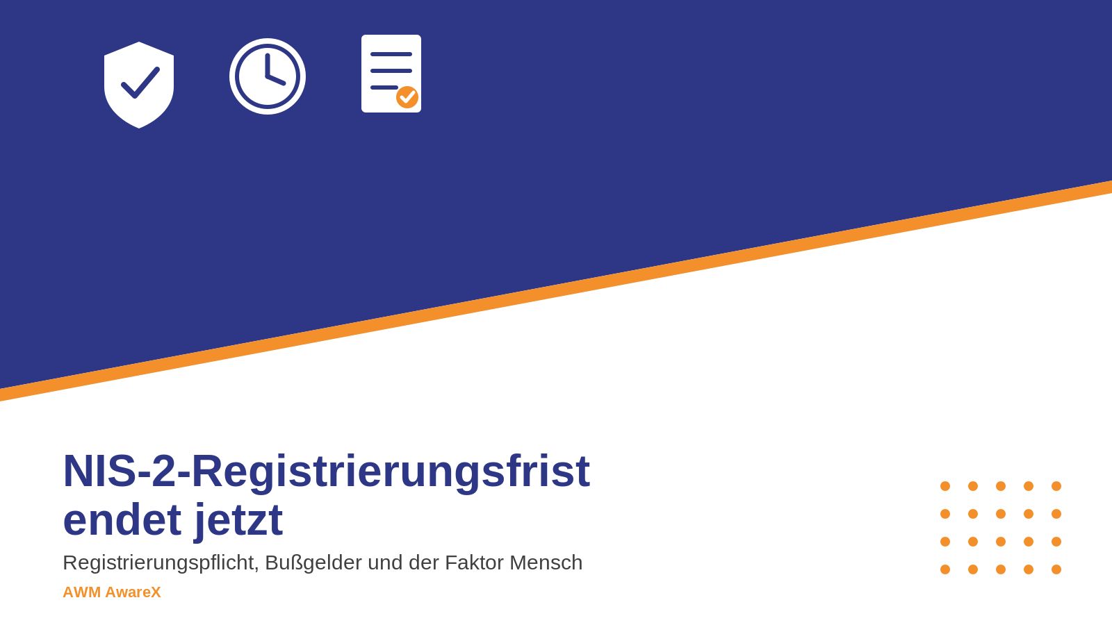 Illustration zur NIS-2-Registrierungsfrist im AWM-AwareX-Design mit Uhr- und Schild-Symbol
