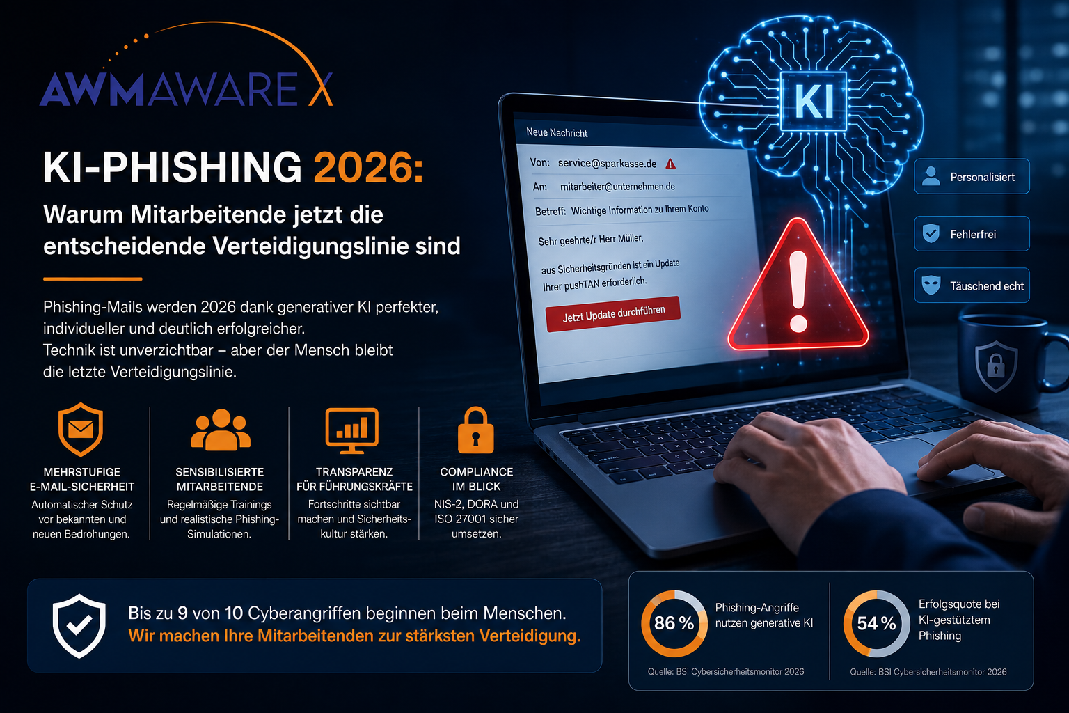 Illustration zu KI-gestützten Phishing-Angriffen und E-Mail-Sicherheit von AWM AwareX