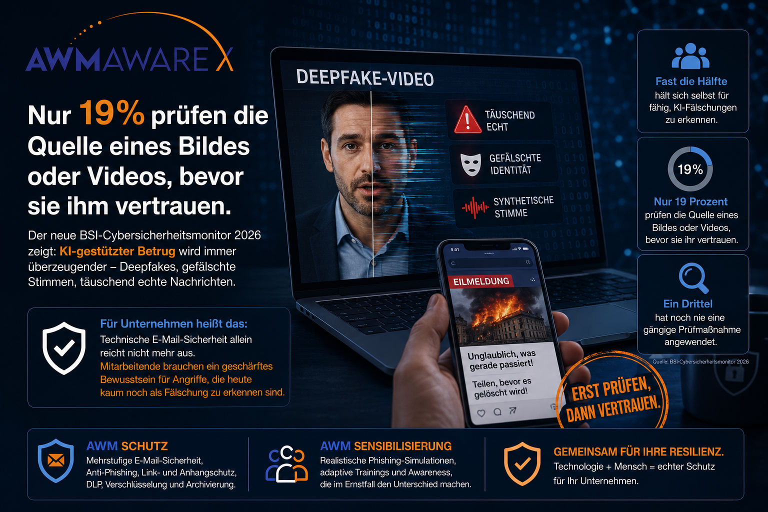 Illustration im AWM AwareX Design zu KI-gestütztem Phishing und dem BSI-Cybersicherheitsmonitor 2026