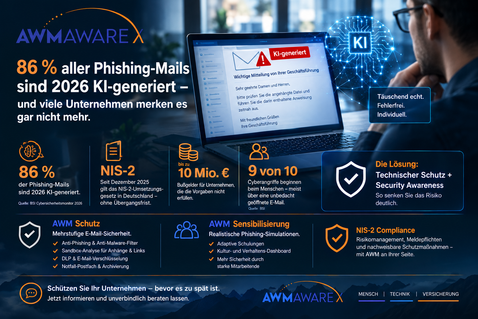 Illustration zu KI-gestütztem Phishing und NIS-2-Pflichten für Unternehmen