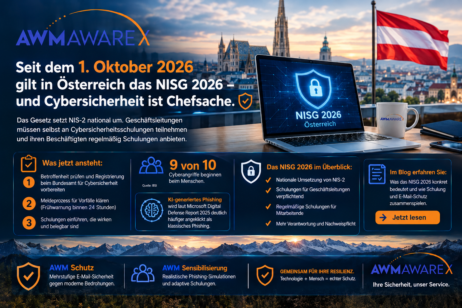 Grafik mit Schild, Checkliste und E-Mail-Symbol zum Thema NISG 2026 und Schulungspflicht